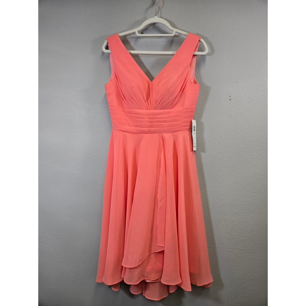 LAVETIR Coral Pink Chiffon V-Neck Lace Up Back High Low Bridesmaid Dress 4